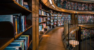 image of brown traditional grand library woth multiple floors of books